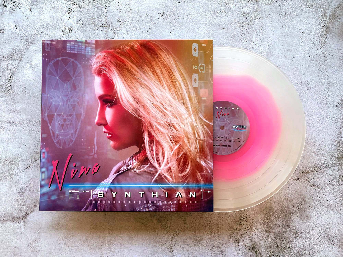 NINA - Synthian - 12" Heavy Duty FROSTED CLEAR W/MAGENTA NEON CENTRE VINYL