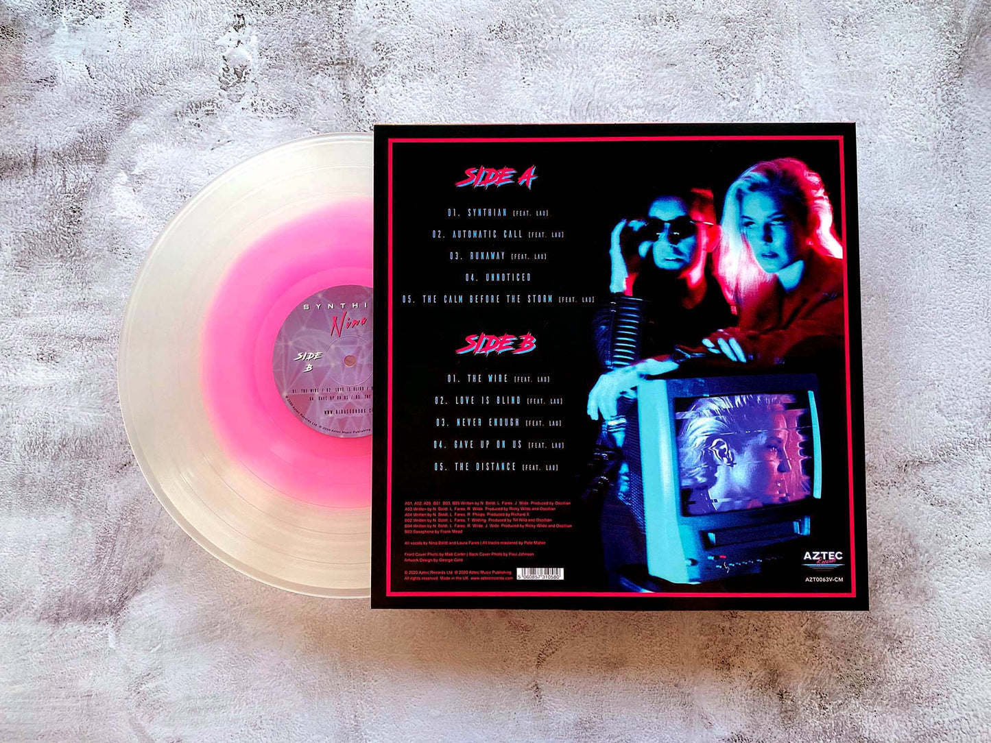 NINA - Synthian - 12" Heavy Duty FROSTED CLEAR W/MAGENTA NEON CENTRE VINYL